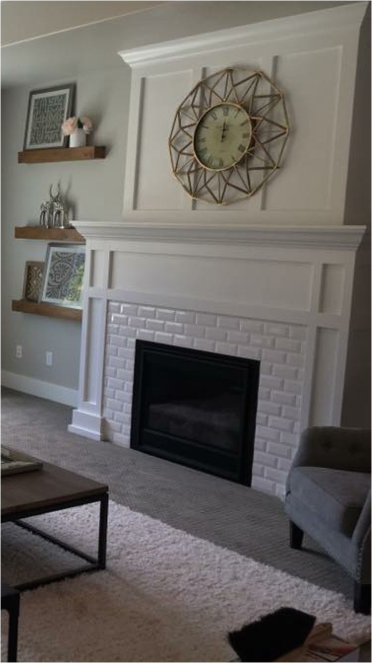 white subway tile fireplace with craftsman mantel a i lovea i