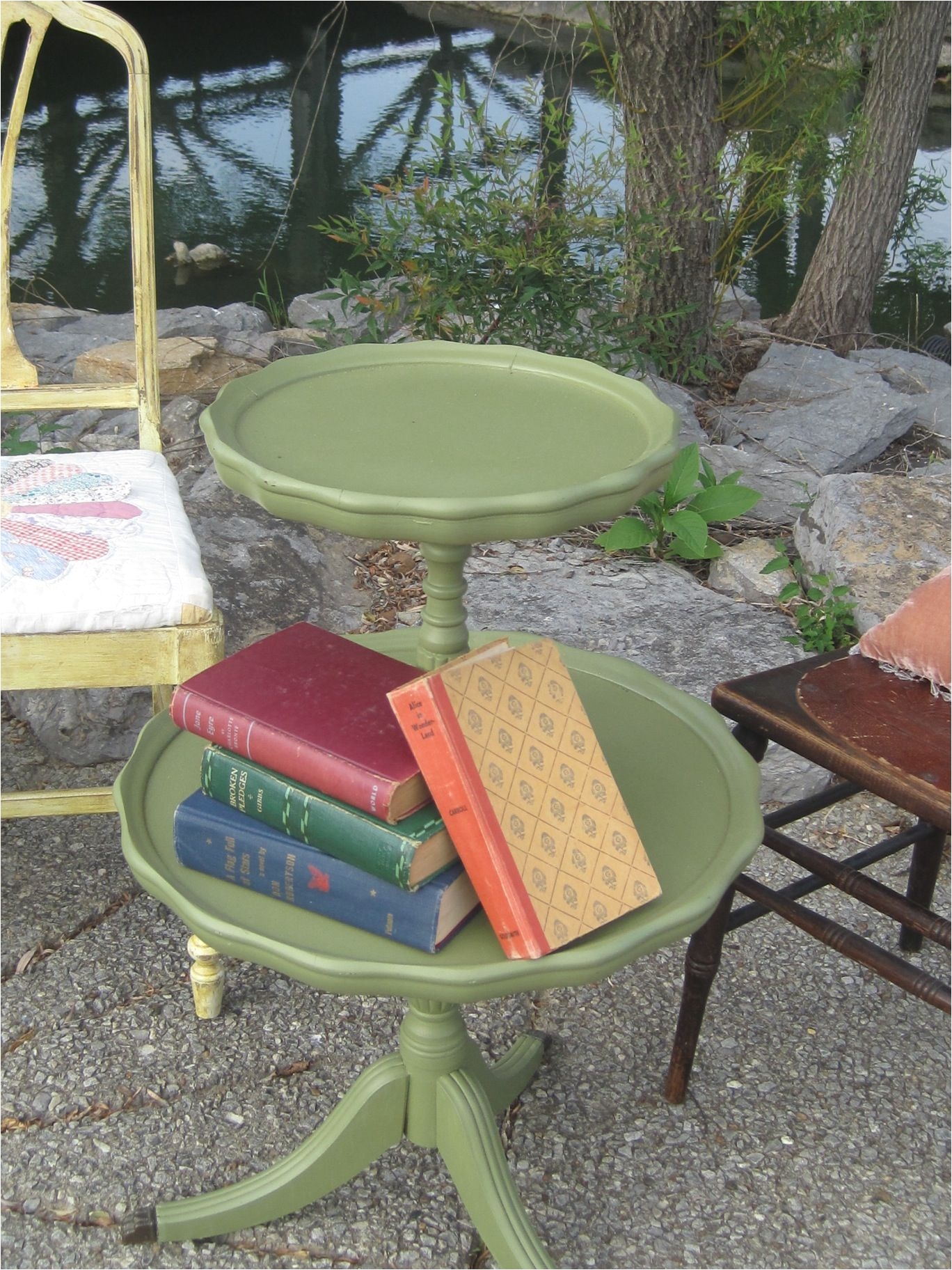 Renting Tables and Chairs for A Party Greenly Side Table and assorted Vintage Books From southern events