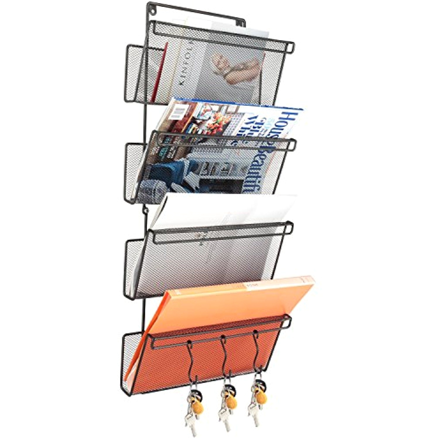 samstar 4 tier hanging wall file organizer metal mesh wall mounted file holder with 3 key hooks for office home click image for more details
