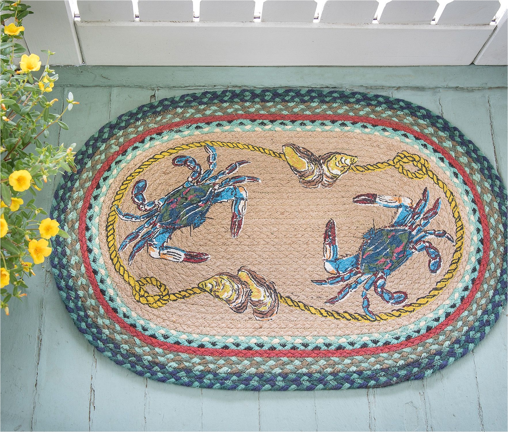 20x30 oval rug with blue crab design perfect for a beach cottage nautical