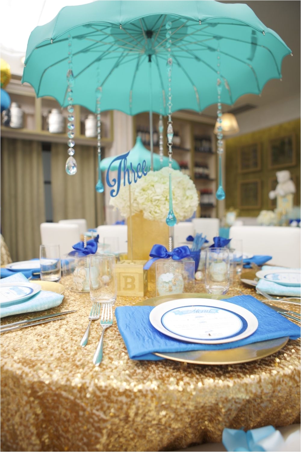 Royal themed Baby Shower Chair Umbrella Centerpieces for Baby Shower Blue White and Gold Baby