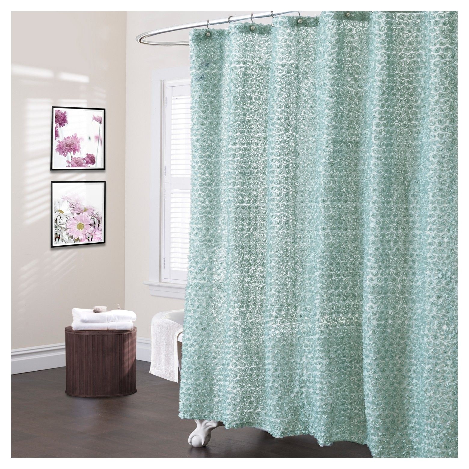 instantly update the look of your bathroom with this beautifully textured rosely ivory shower curtain
