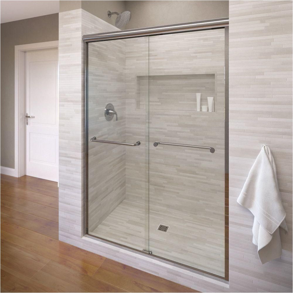 semi frameless sliding shower door in silver with aquaglidexp clear glass