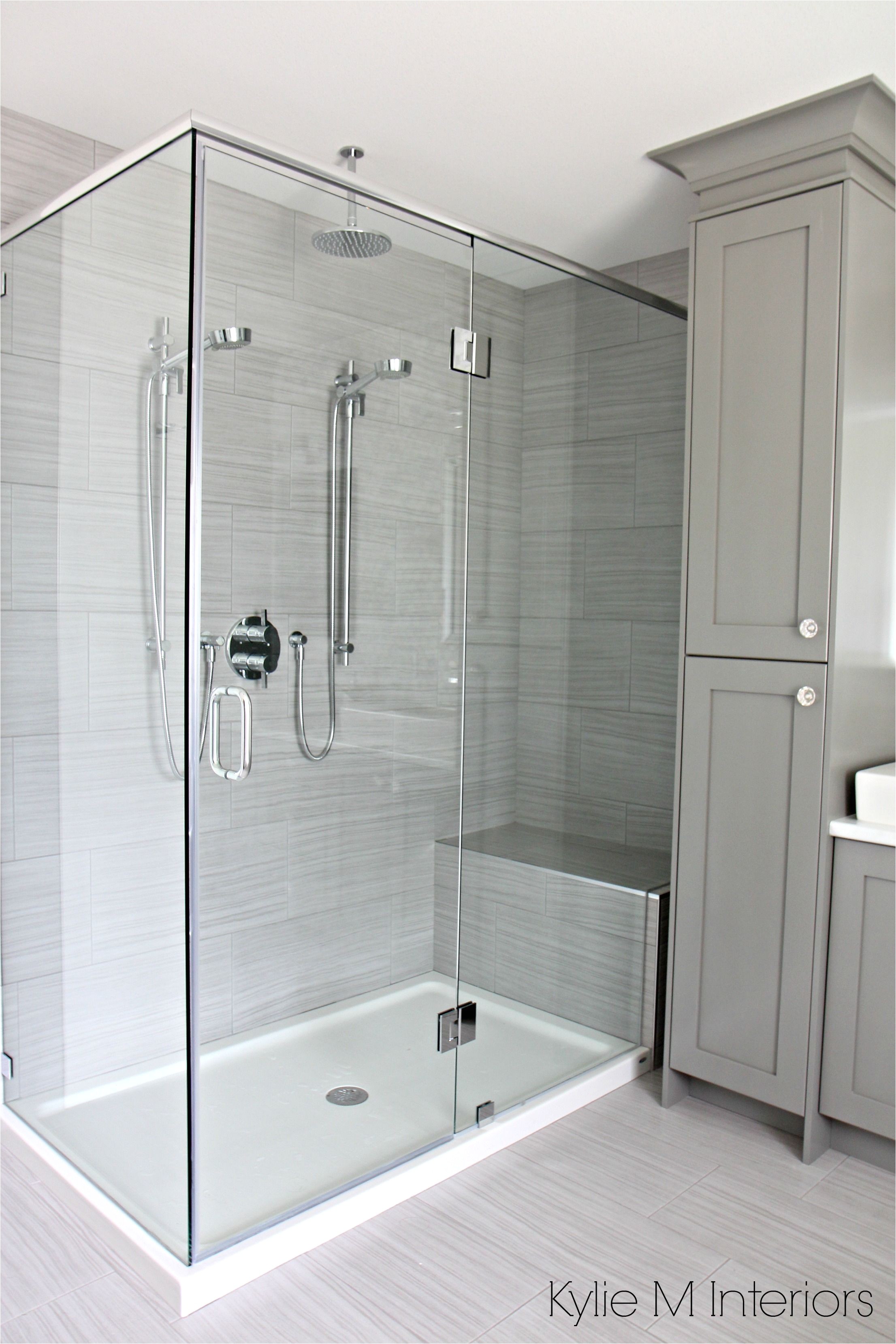 walk in shower with 2 shower heads fibreglass base and porcelain surround vanity tower painted benjamin moore chelsea gray