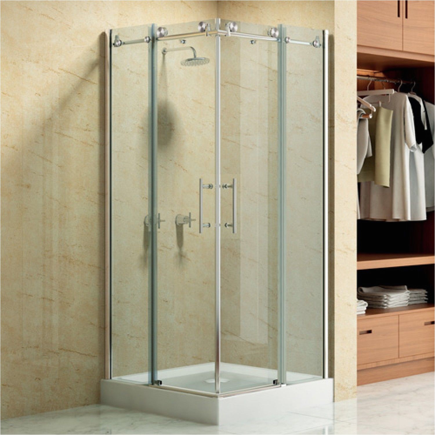 36 x 36 square frameless corner shower enclosure with dual sliding doors bathroom