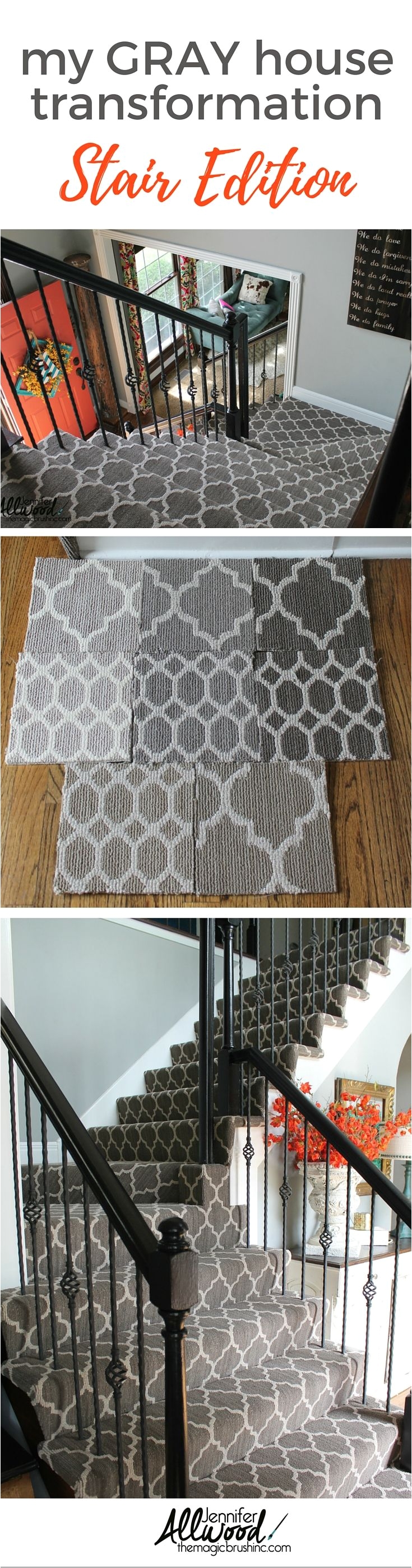 staircase idea here s my gray patterned stair carpet makeover i chose a modern gray arabesque to replace the brown gold carpet more diy home projects