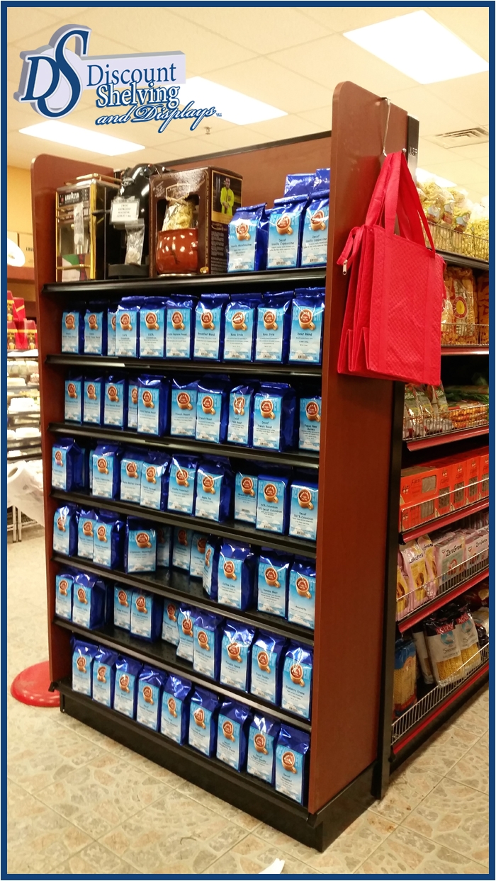 black gondola shelving with wood melamine end caps can give your products and old world