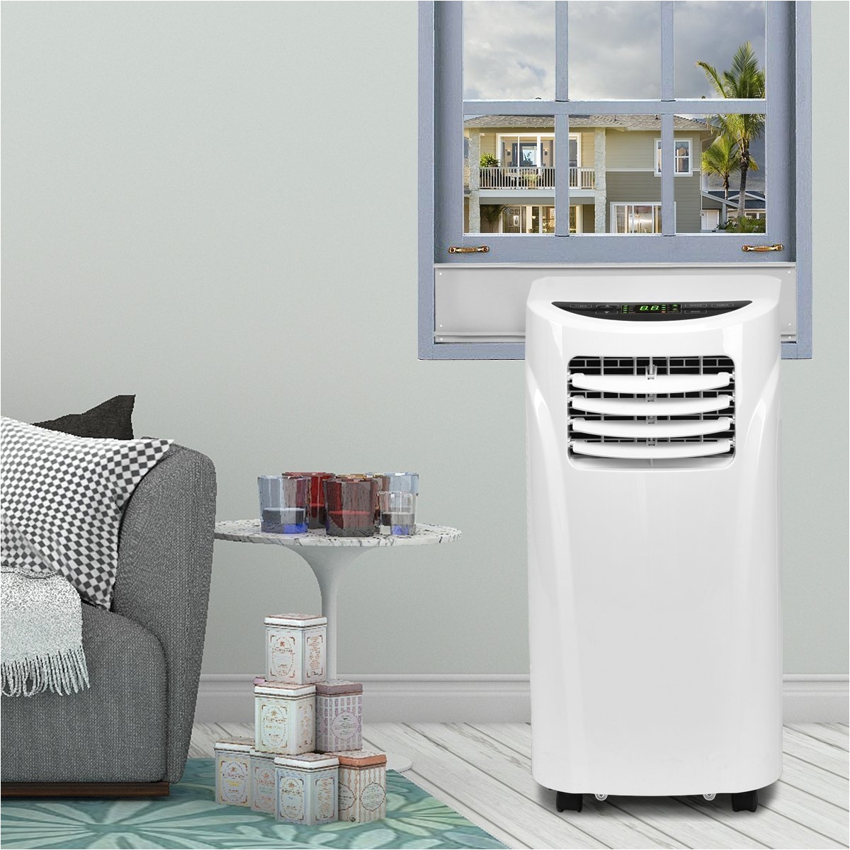amazon com costway 10 000 btu portable air conditioner with remote control dehumidifier function window wall mount white home kitchen