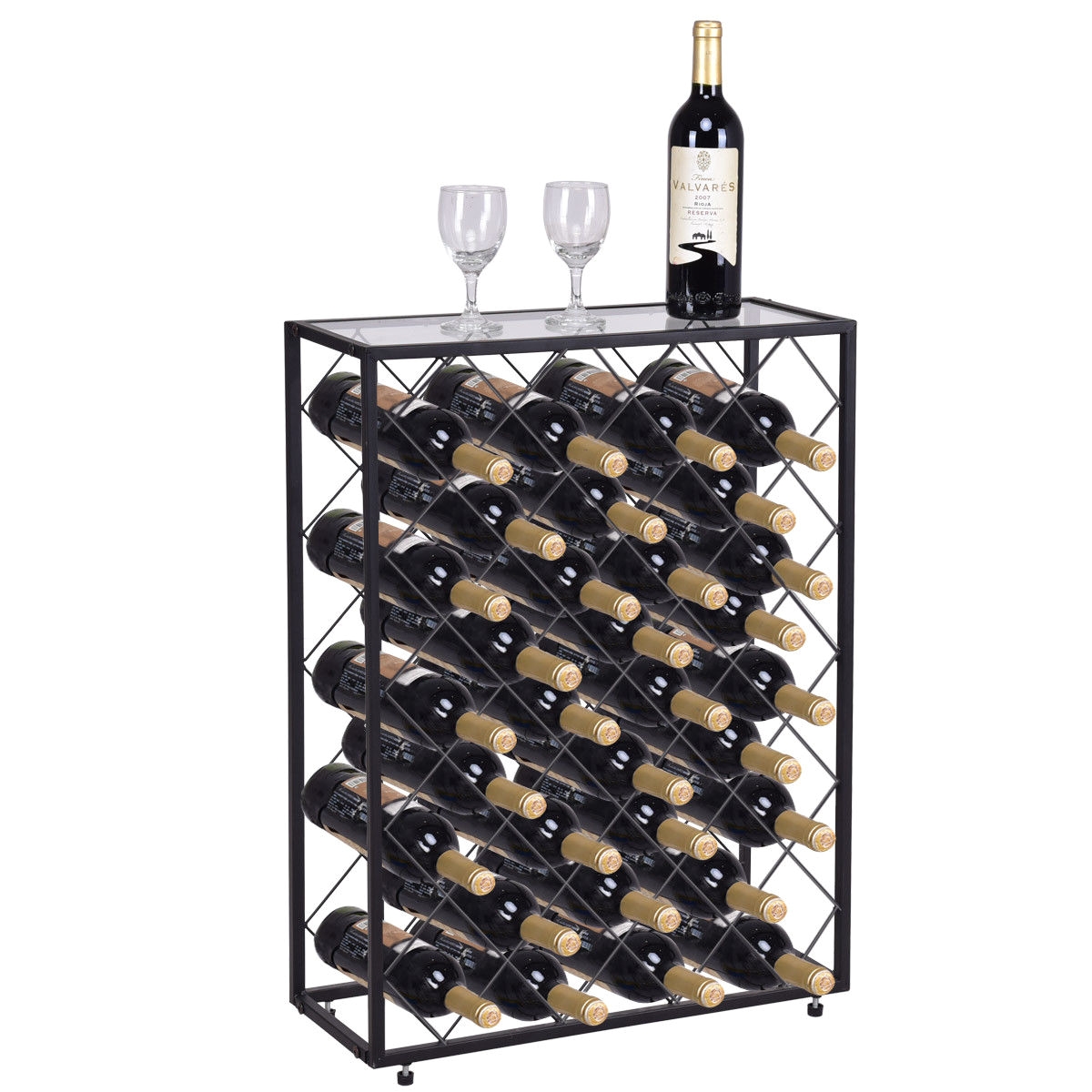 gymax 32 bottle wine rack metal storage display liquor cabinet w glass table top walmart com