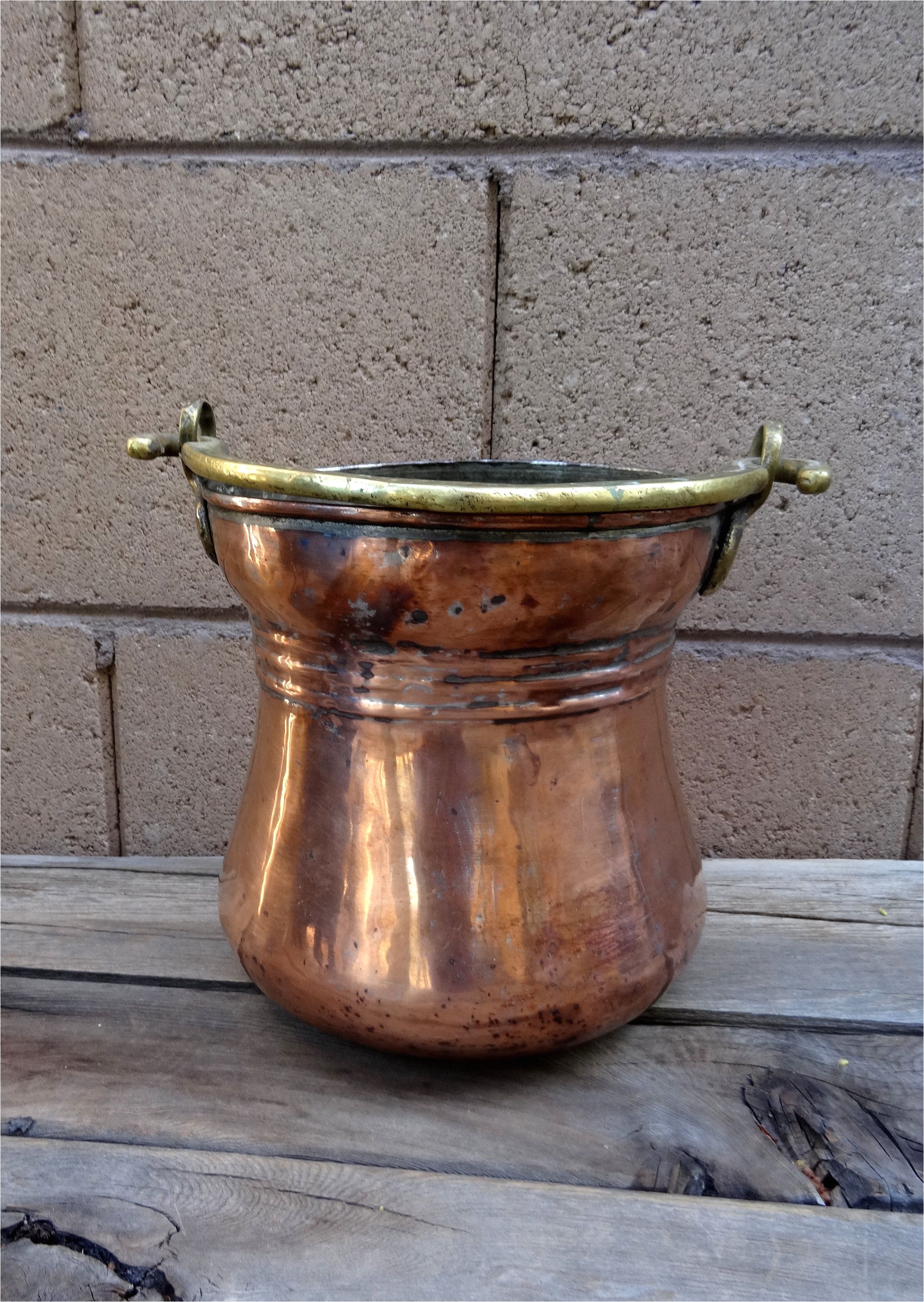 antique copper pail planter pot bucket with brass handle farmhouse home decor