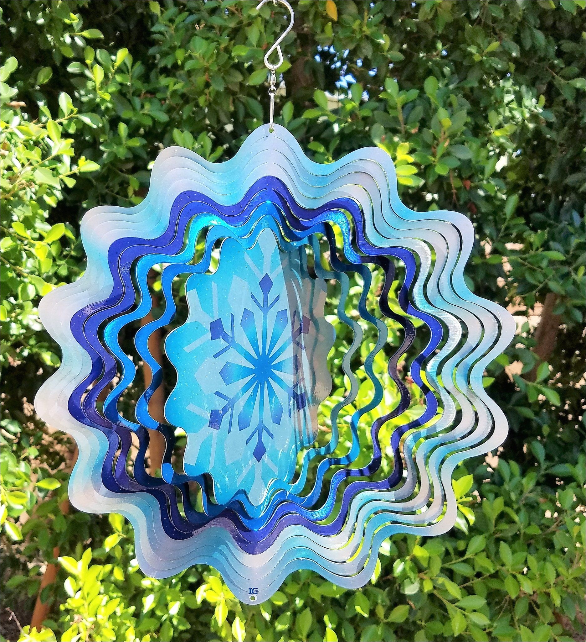 snowflake silver blue garden wind spinner metal yard art and outdoor decor 12 inch
