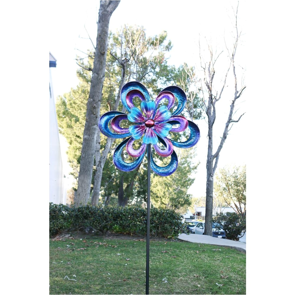 metal round flower spinning garden stake
