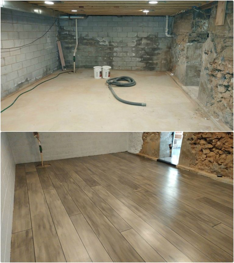 Stamped Concrete Looks Like Wood Floor Basement Refinished with