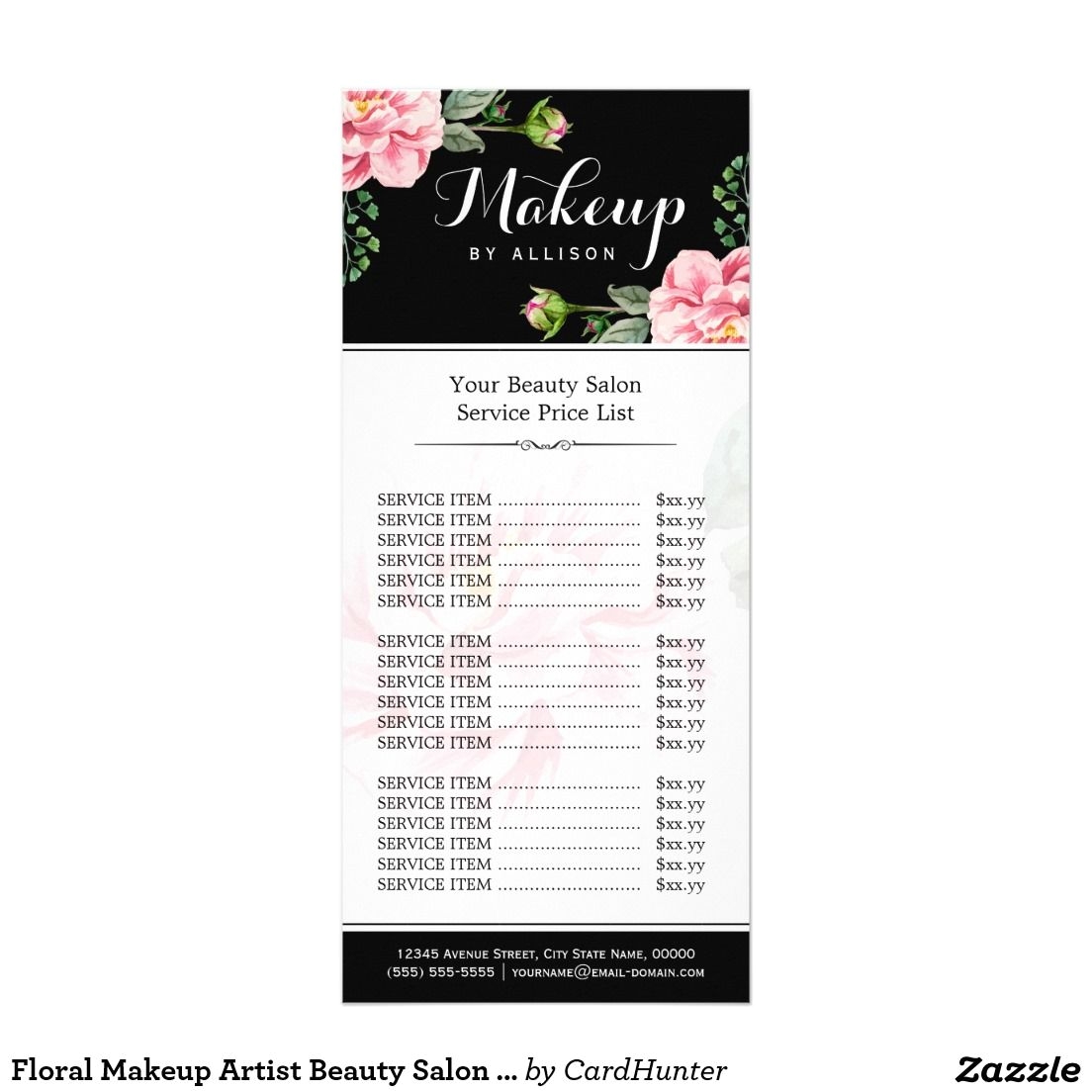 floral makeup artist beauty salon girly price list rack card