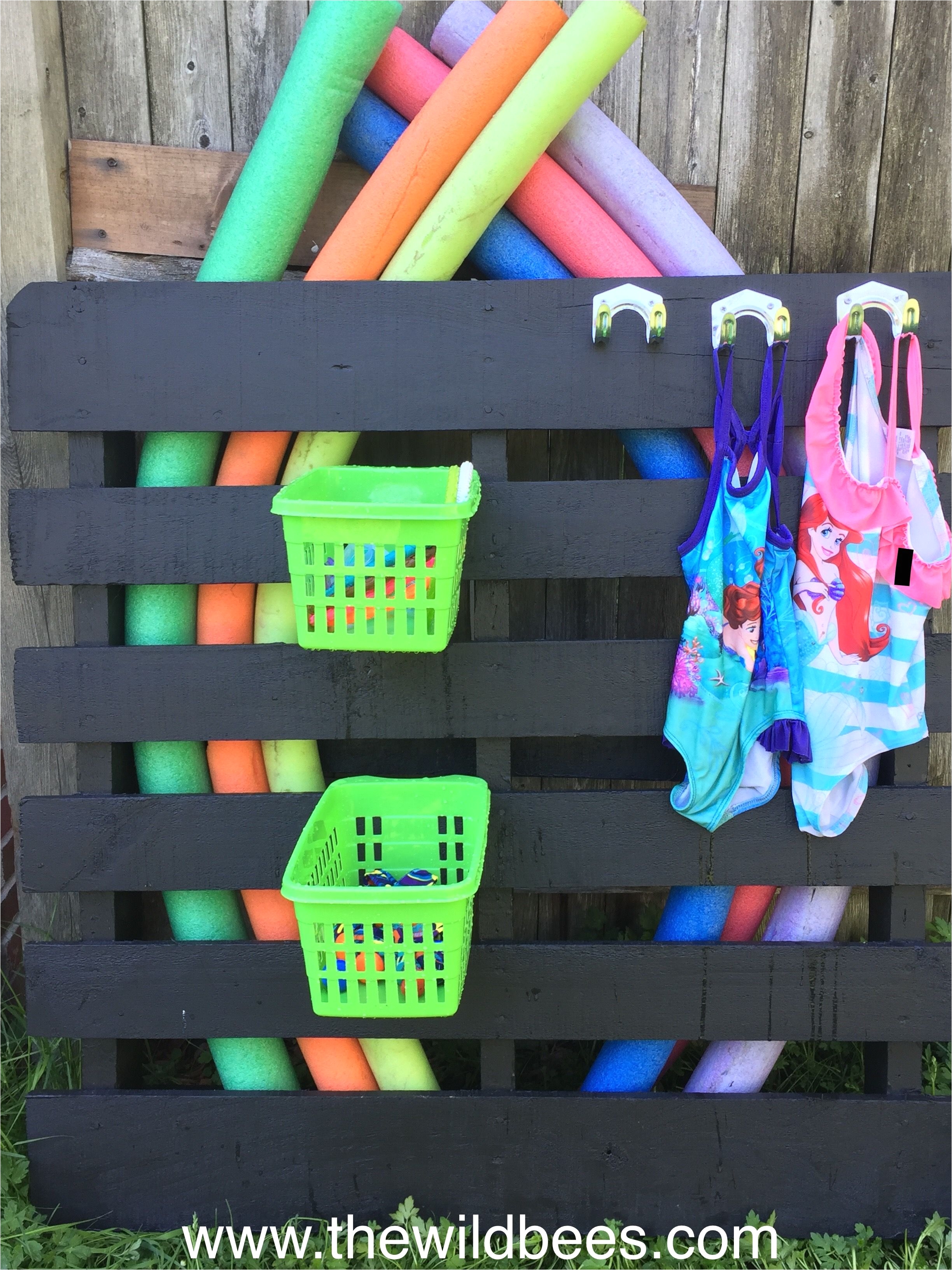 diy pool toys storage painted pallet dollar store baskets and hooks bee blake at