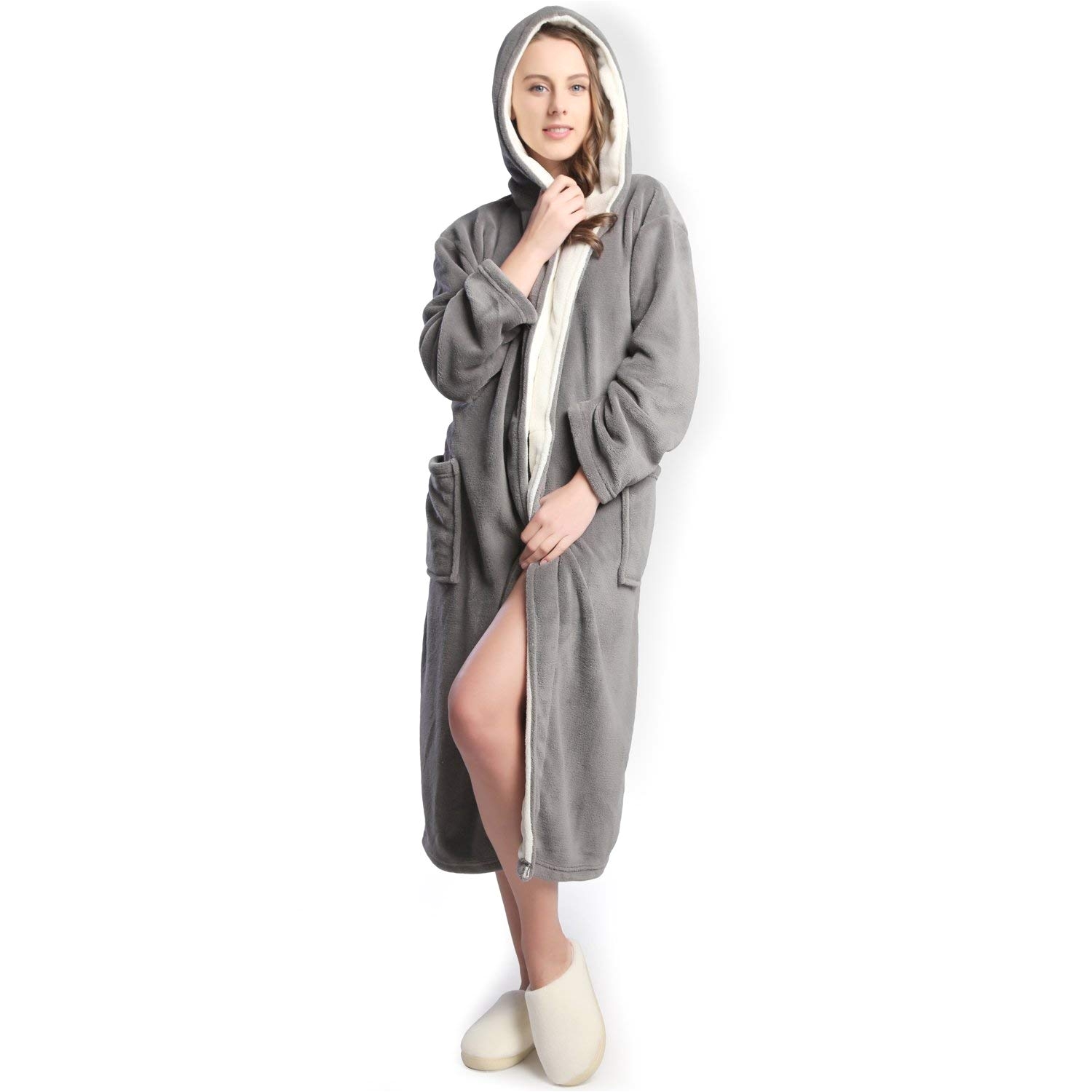 hooded herringbone women s grey color soft spa bathrobe with cream color shawl collar at amazon women s clothing store