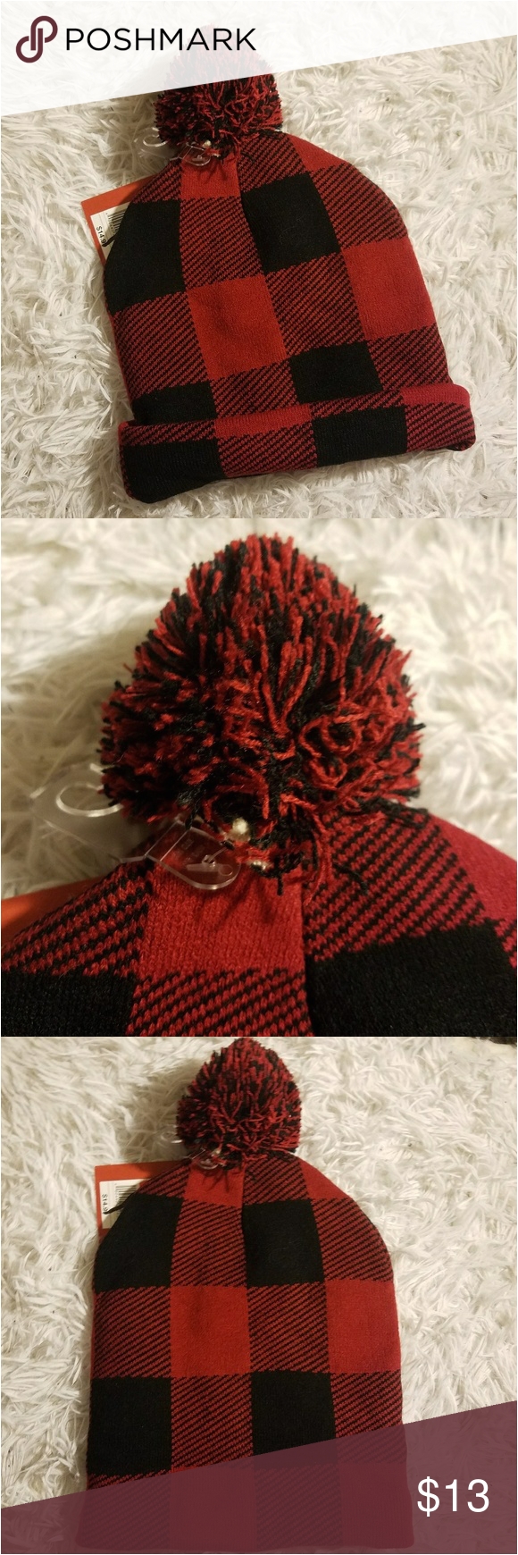 red black pom pom beanie hat gingham new new with tags target mission black and red thick quality beanie pom pom hat super cute men or women can wear it