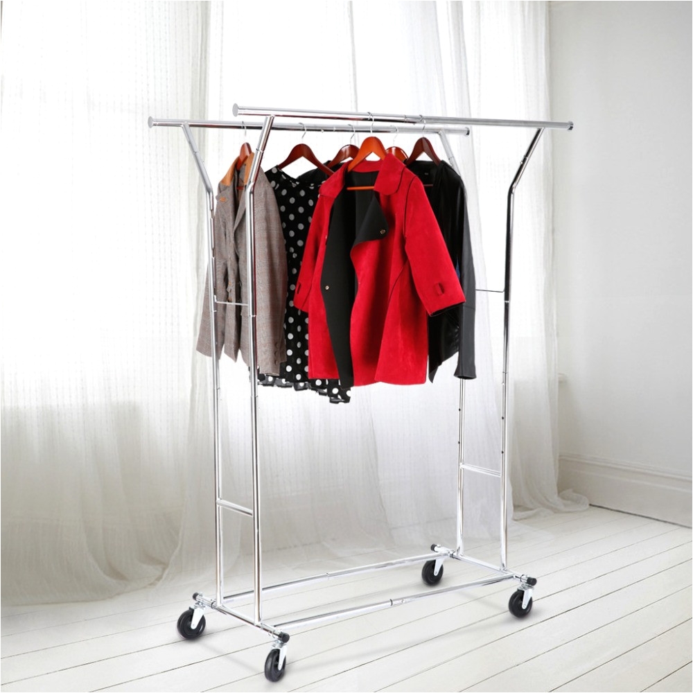 rolling clothes rack ikea clothing target brushed metal pipe with double hanger rod and wooden shoes