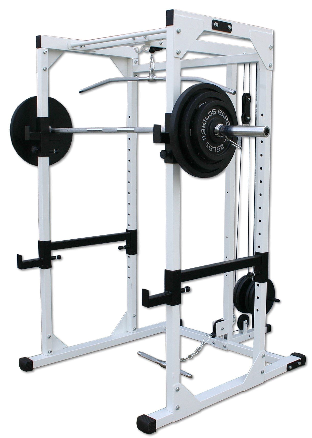 deltech fitness power rack with lat attachment holes on 3 centers easy pull pin adjustment comes with lat bar and row bar power rack has chin up bar