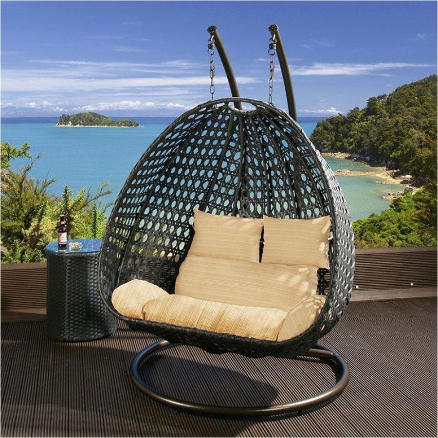 Teardrop Swing Chair Rattan Black Rattan Two Person Hanging Chair with Beige Cushion Covers