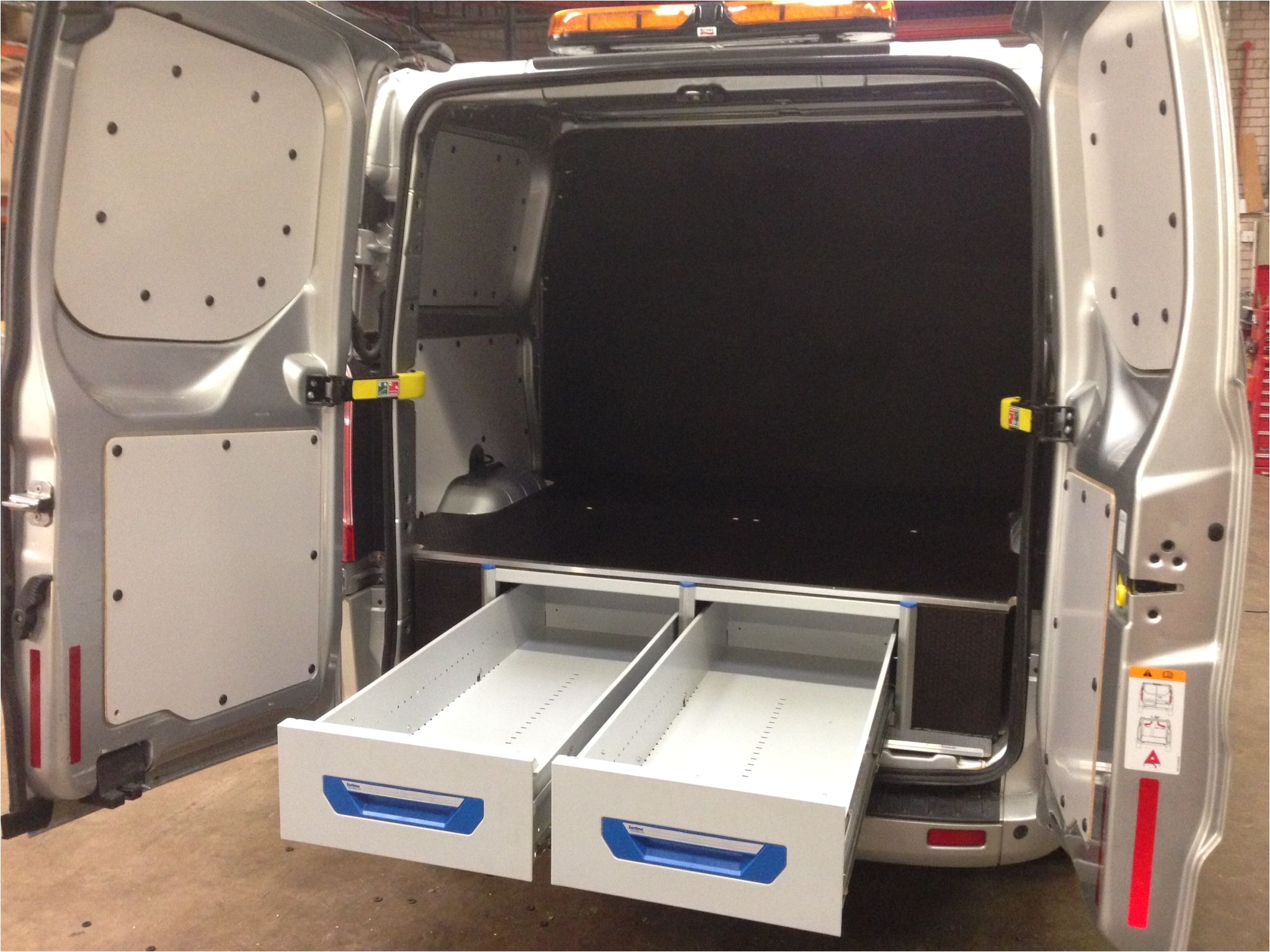 ford transit custom l2 sortimo xl drawer system and false floor accessible from rear door