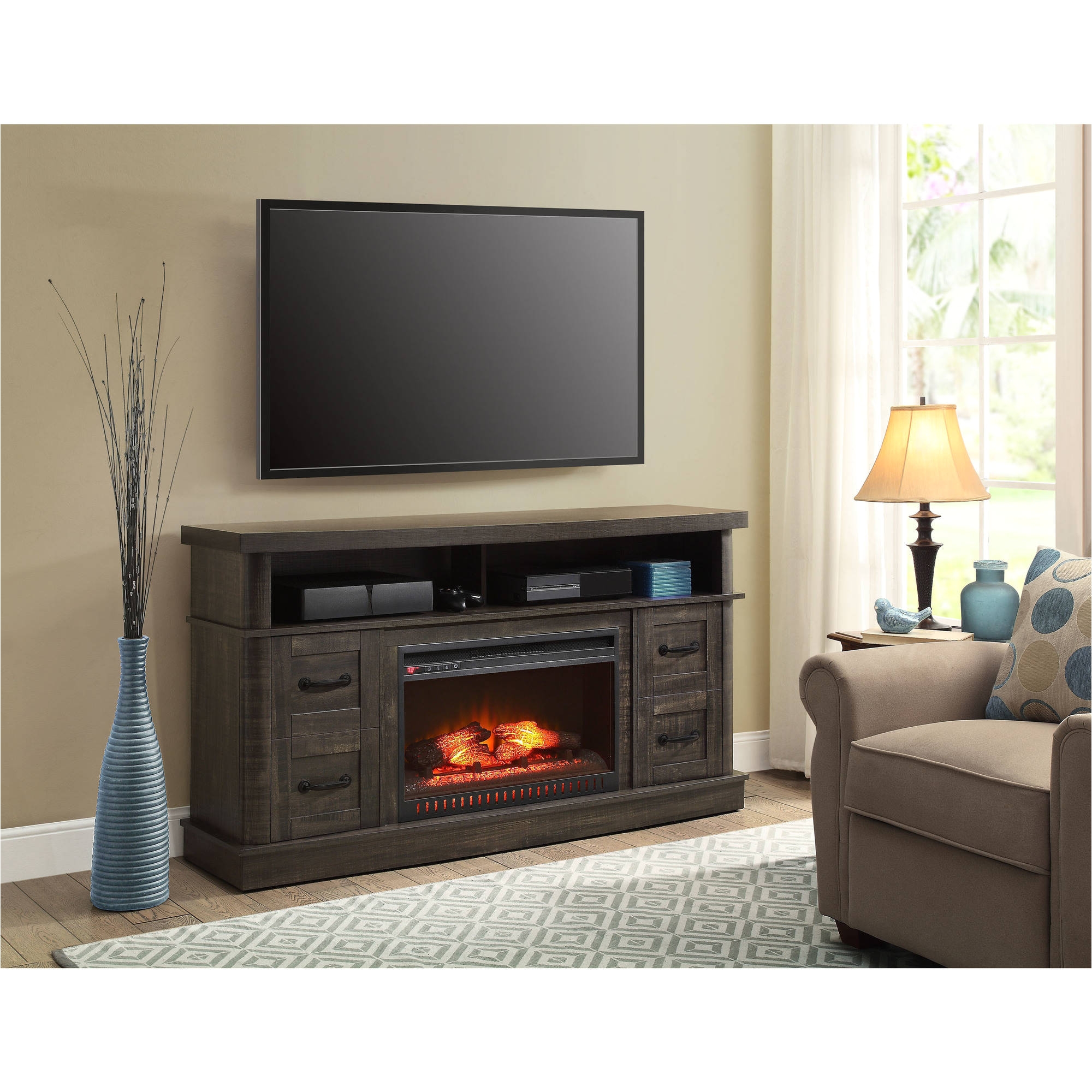 whalen weathered dark pine media fireplace console for tv s up to 70 walmart com