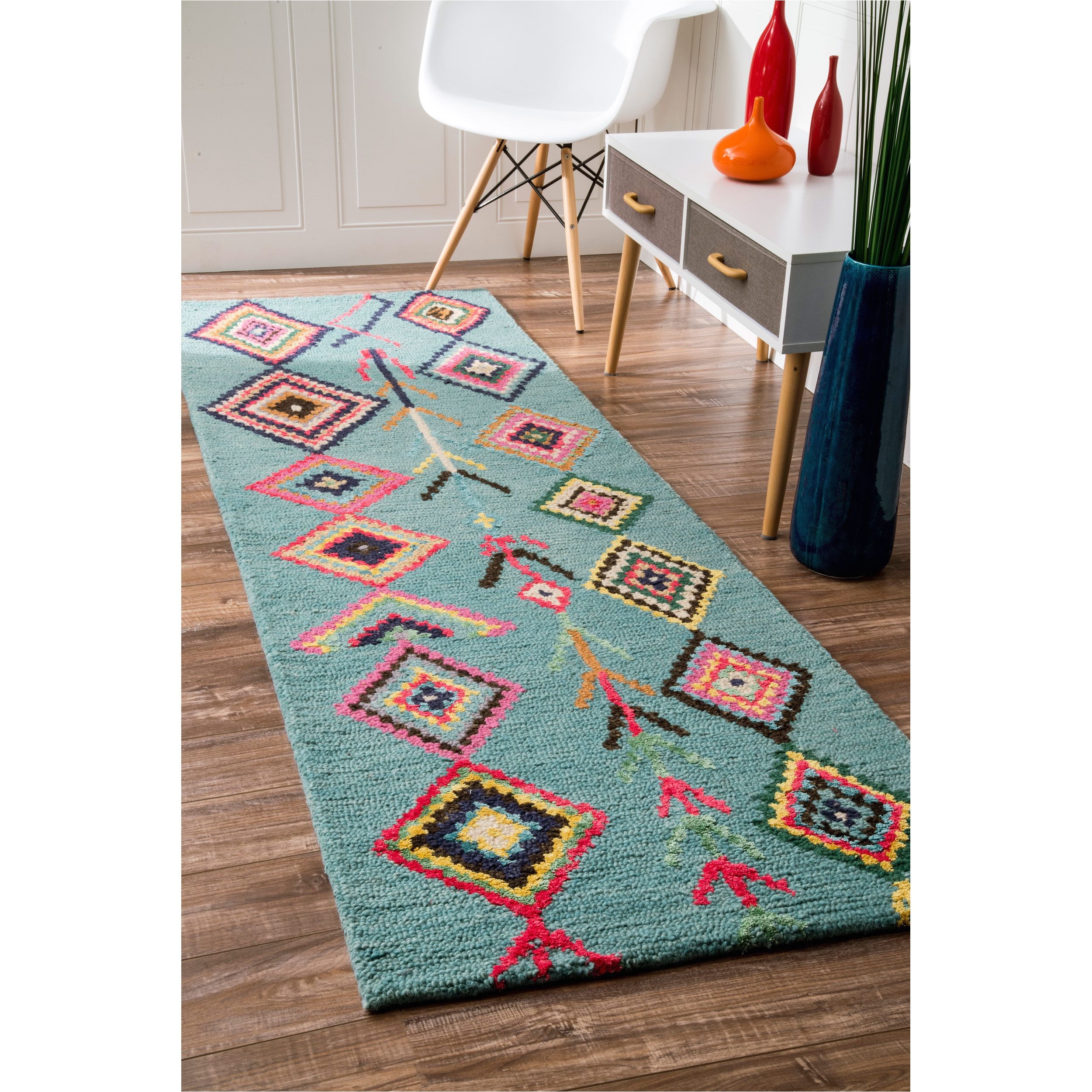 nuloom contemporary handmade wool viscose moroccan triangle turquoise runner rug 2 6 x 10 turquoise brown size 2 6 x 10 synthetic abstract