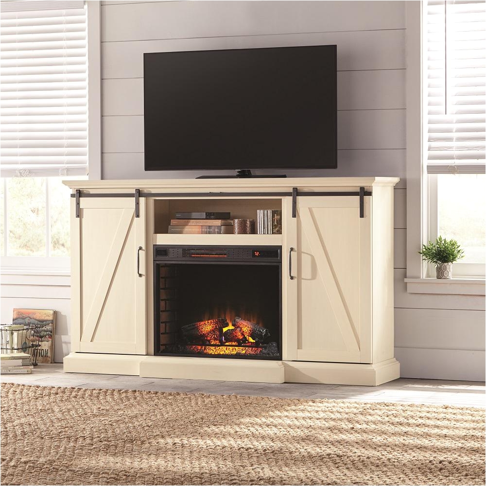 tv stand electric fireplace with sliding barn door in ivory