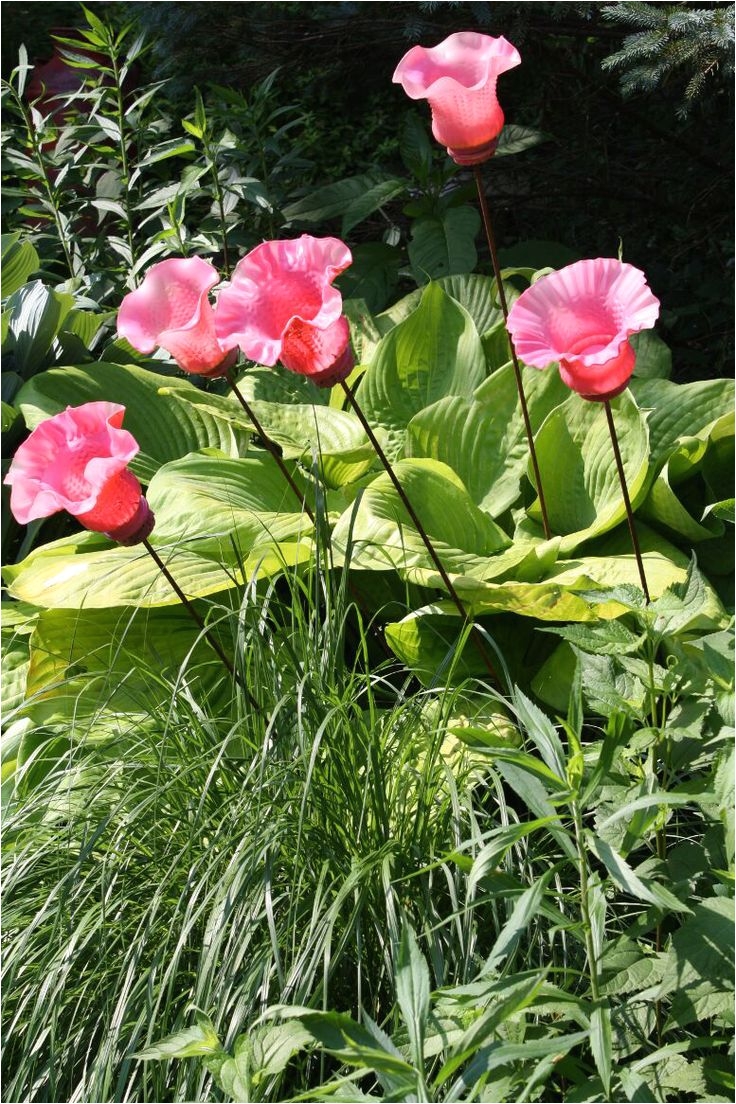 group of pink glass flowers