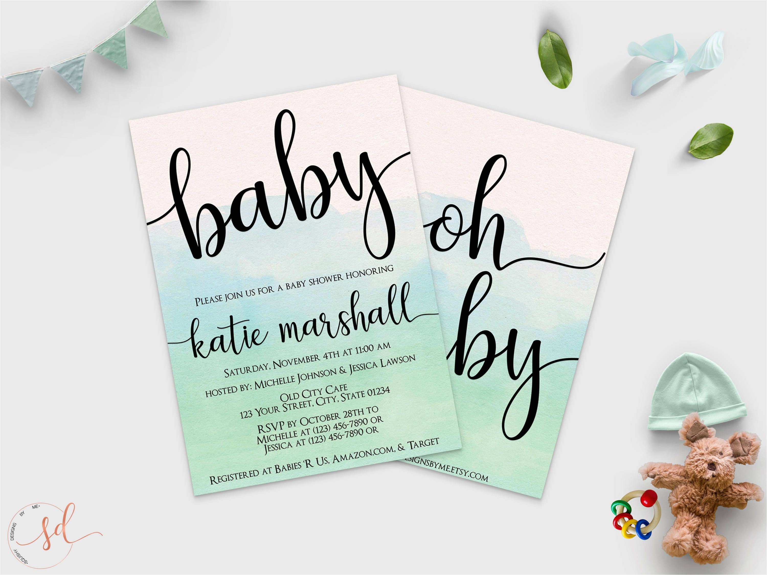 oh baby baby shower invitation mint green watercolor invite gender neutral oh boy baby shower classy chic modern shower decor