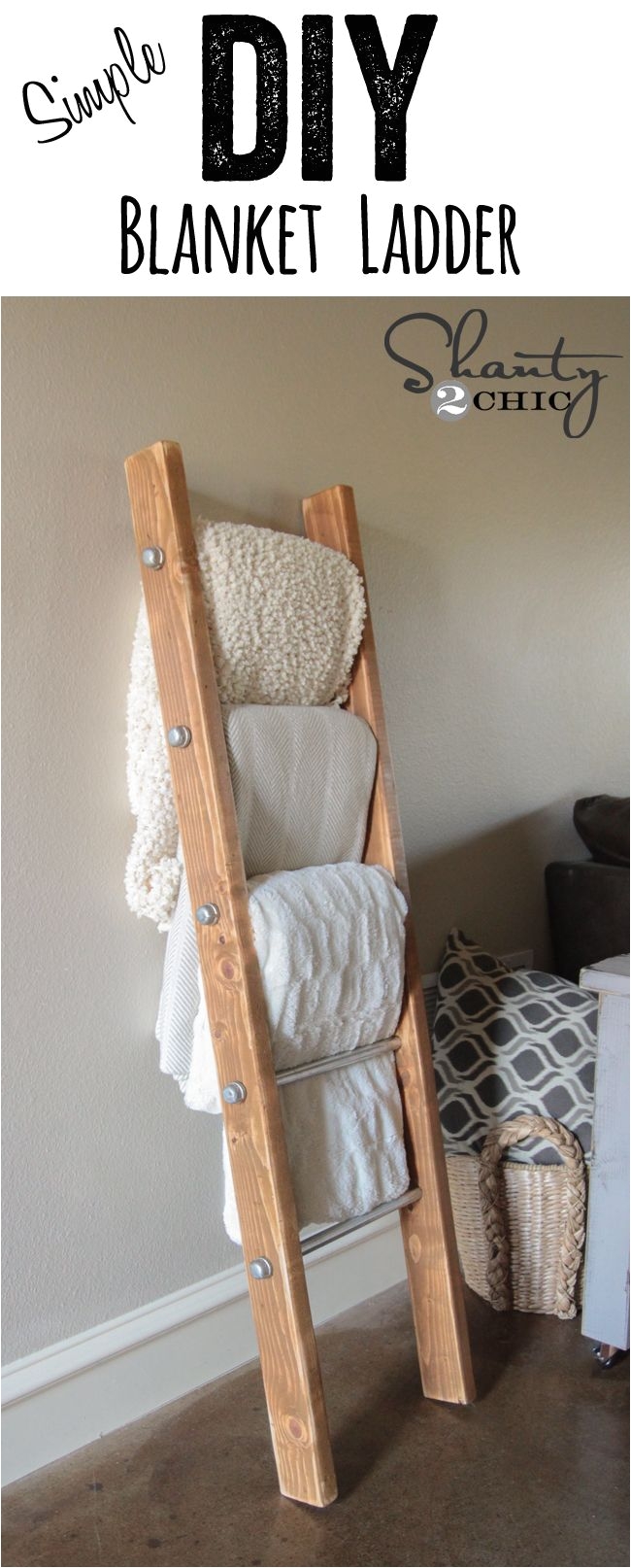 diy wood and metal pipe blanket ladder seriously so simple and so cute www shanty 2 chic com