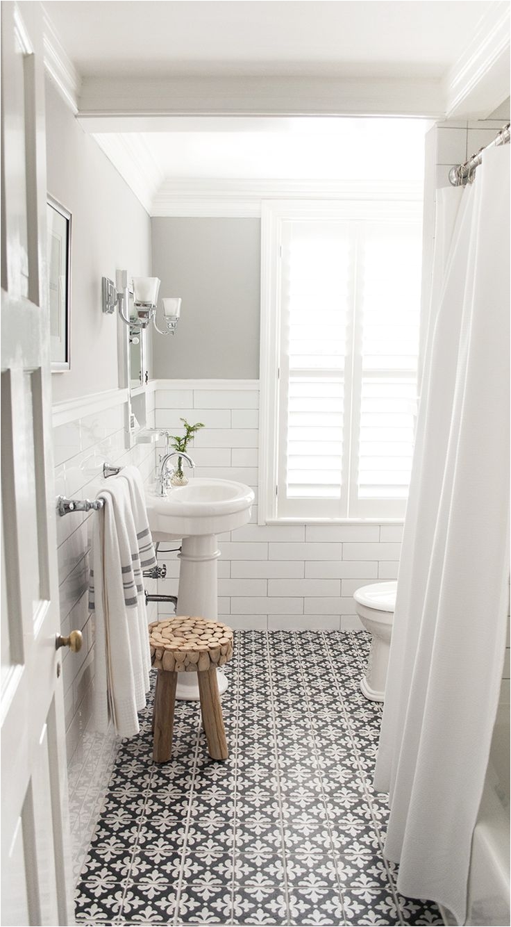 tile finishes small bathroom with white subway tile gray walls and cement encaustic floor tile love the floor