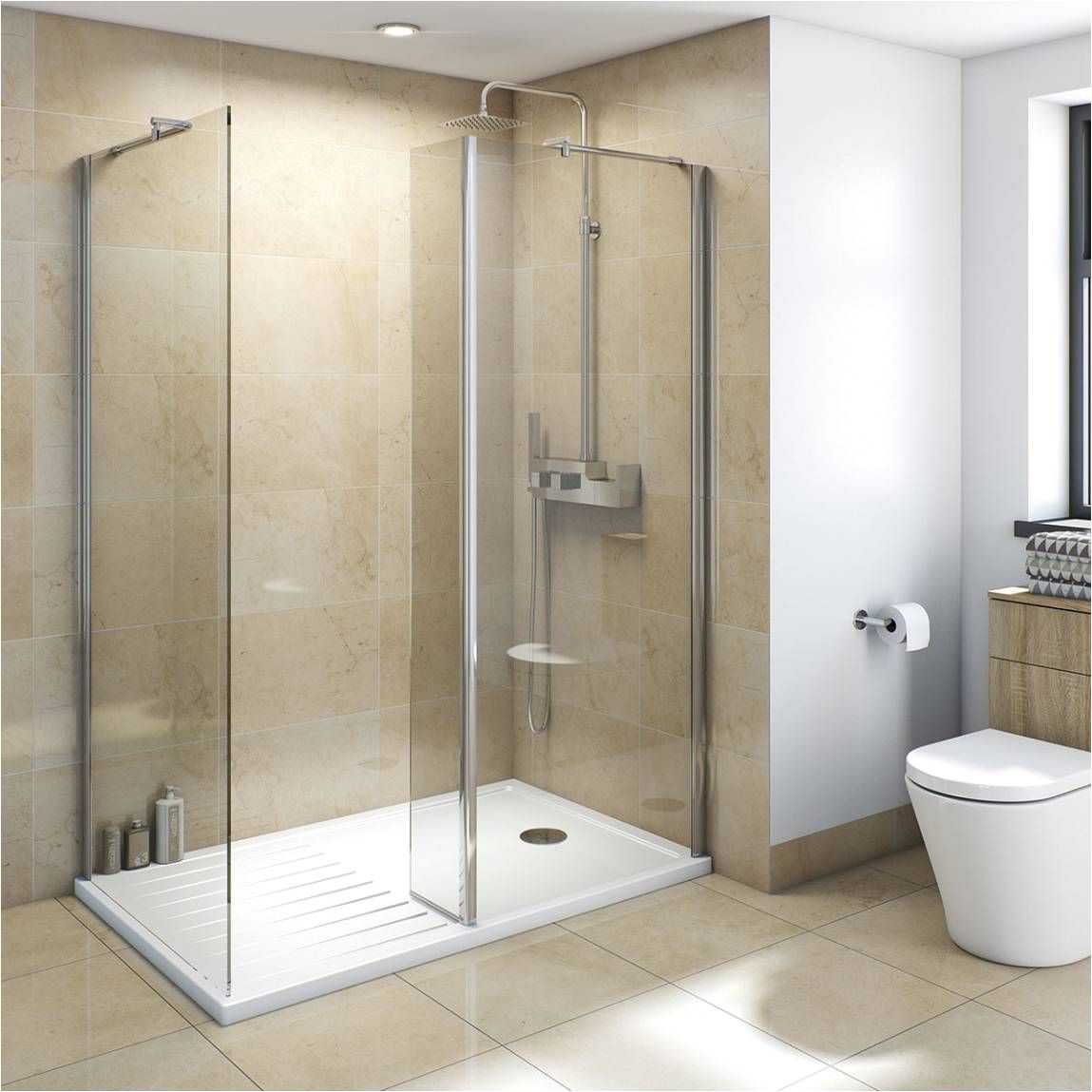 in shower pack is a contemporary and modernist design which incorporates a polished chrome profile modern chrome horizontal fixing bar and clear glass