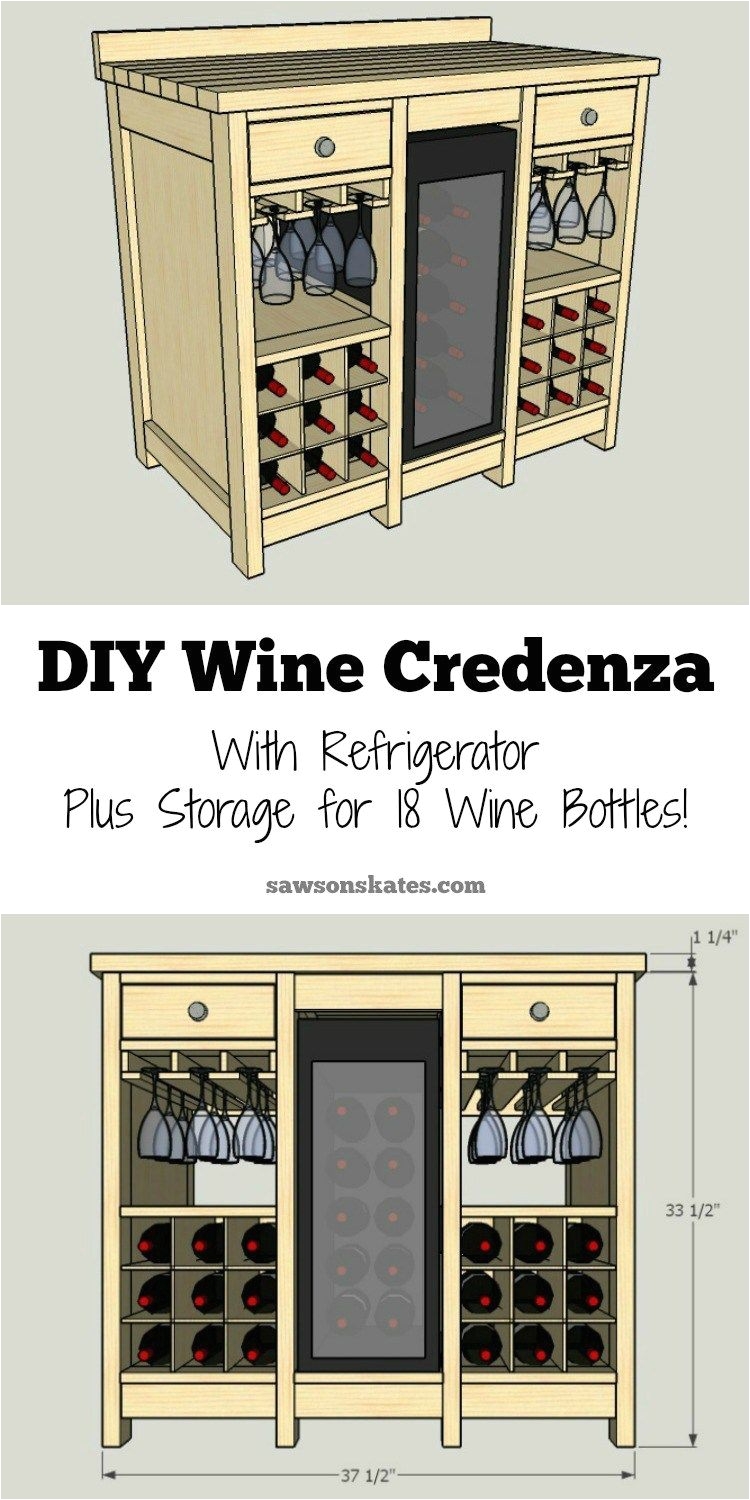 one of the best wine storage cabinet ideas i ve seen this small diy wine credenza features a wine refrigerator wine glass storage plus storage for 18
