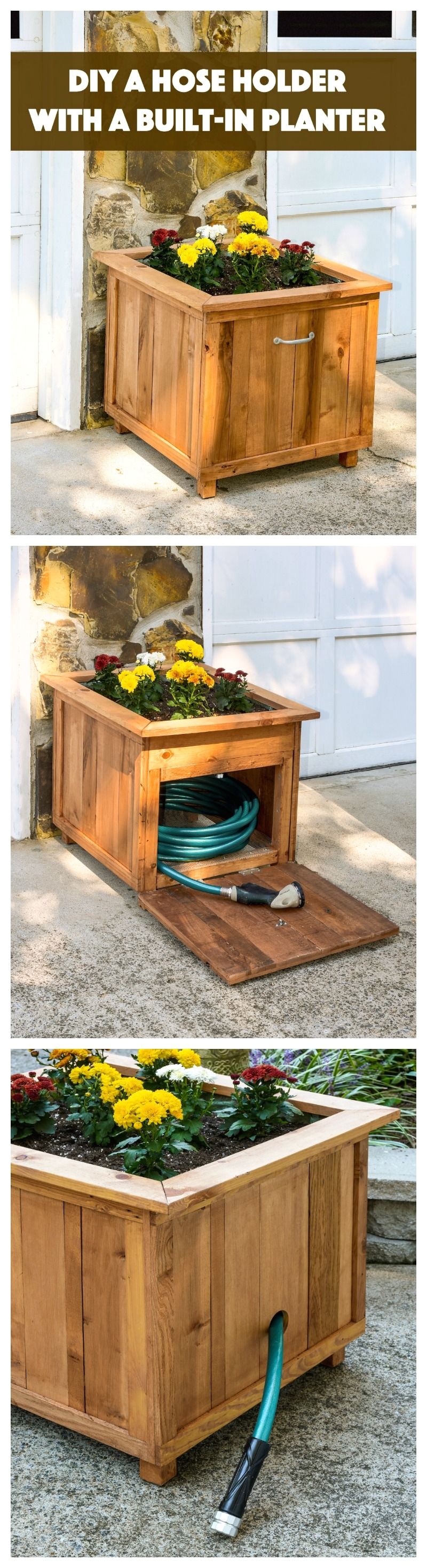 build a unique diy hose holder using recycled pallet wood this holder has a special feature you can plant your favorite flowers on top