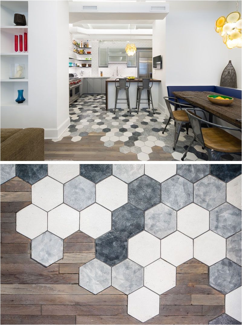 in interior design and architecture this new york apartment creatively transitions from hexagon tiles in the kitchen to hardwood in the dining room