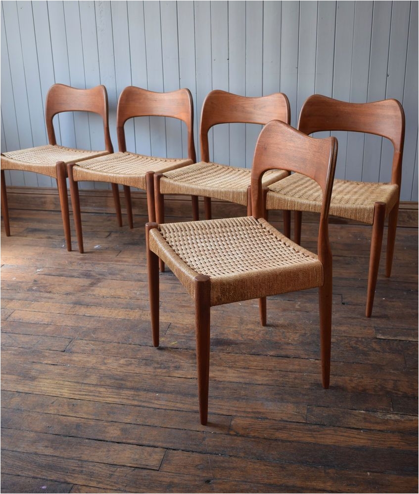 vintage arne hovmand olsen mk teak danish dining chairs original papercord x5