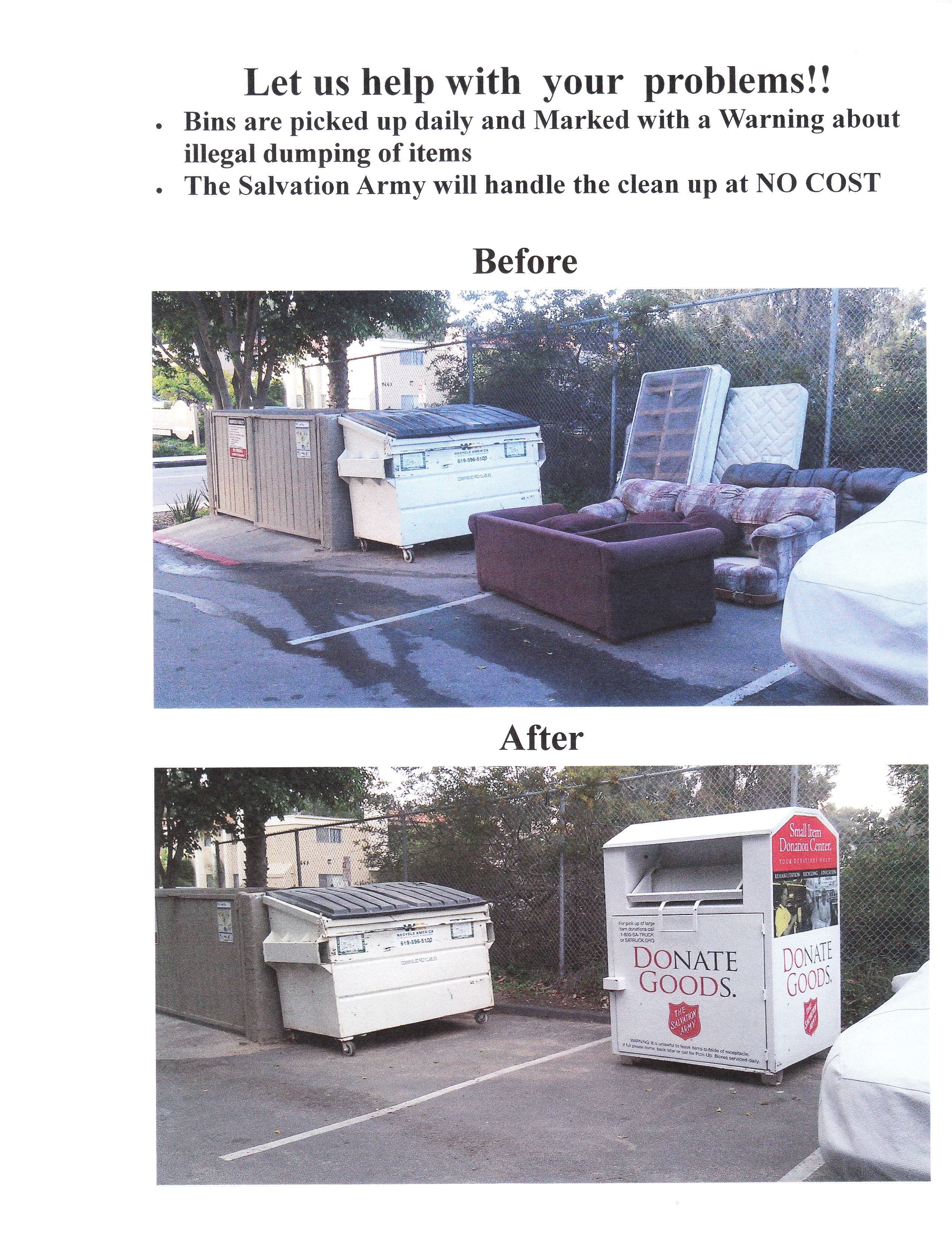 donation bin before and after from the salvation army picking up items and providing free programs