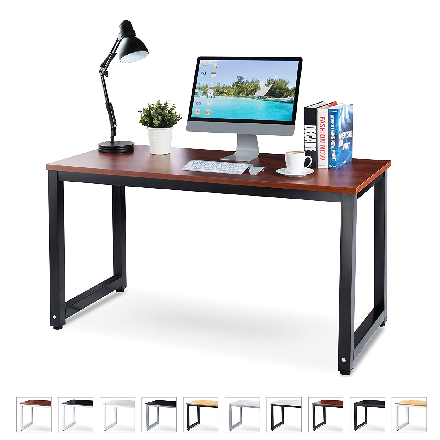 amazon com office computer desk 55 teak laminated wooden particleboard table and black powder coated steel frame easy assembly work or home tools