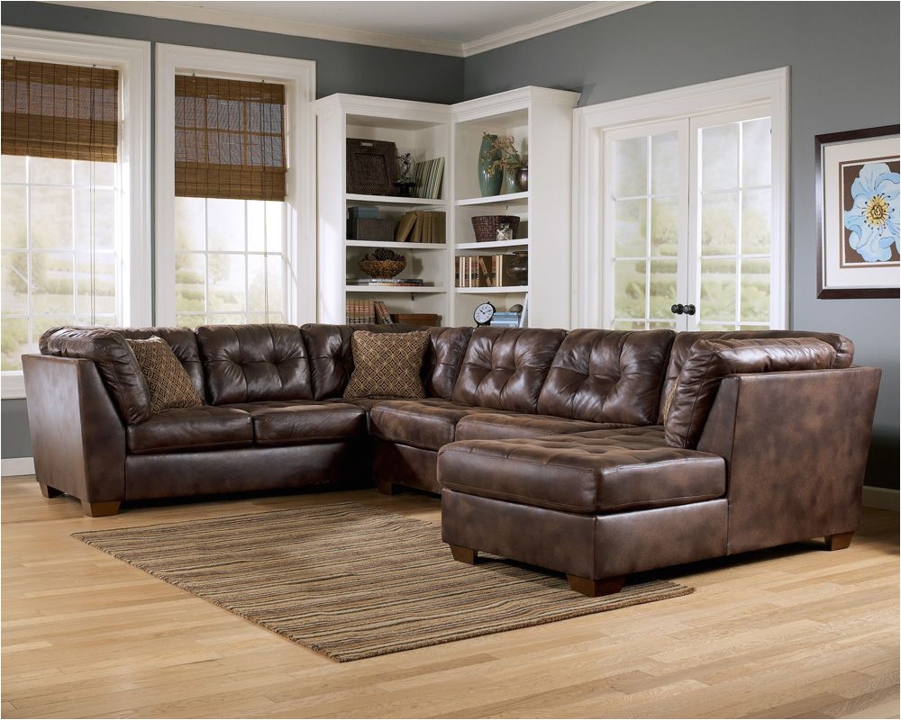 appealing living room furniture with wooden flooring and grey wall paint color and u shaped brown leather sofa set feat small brown fabric pillows and white