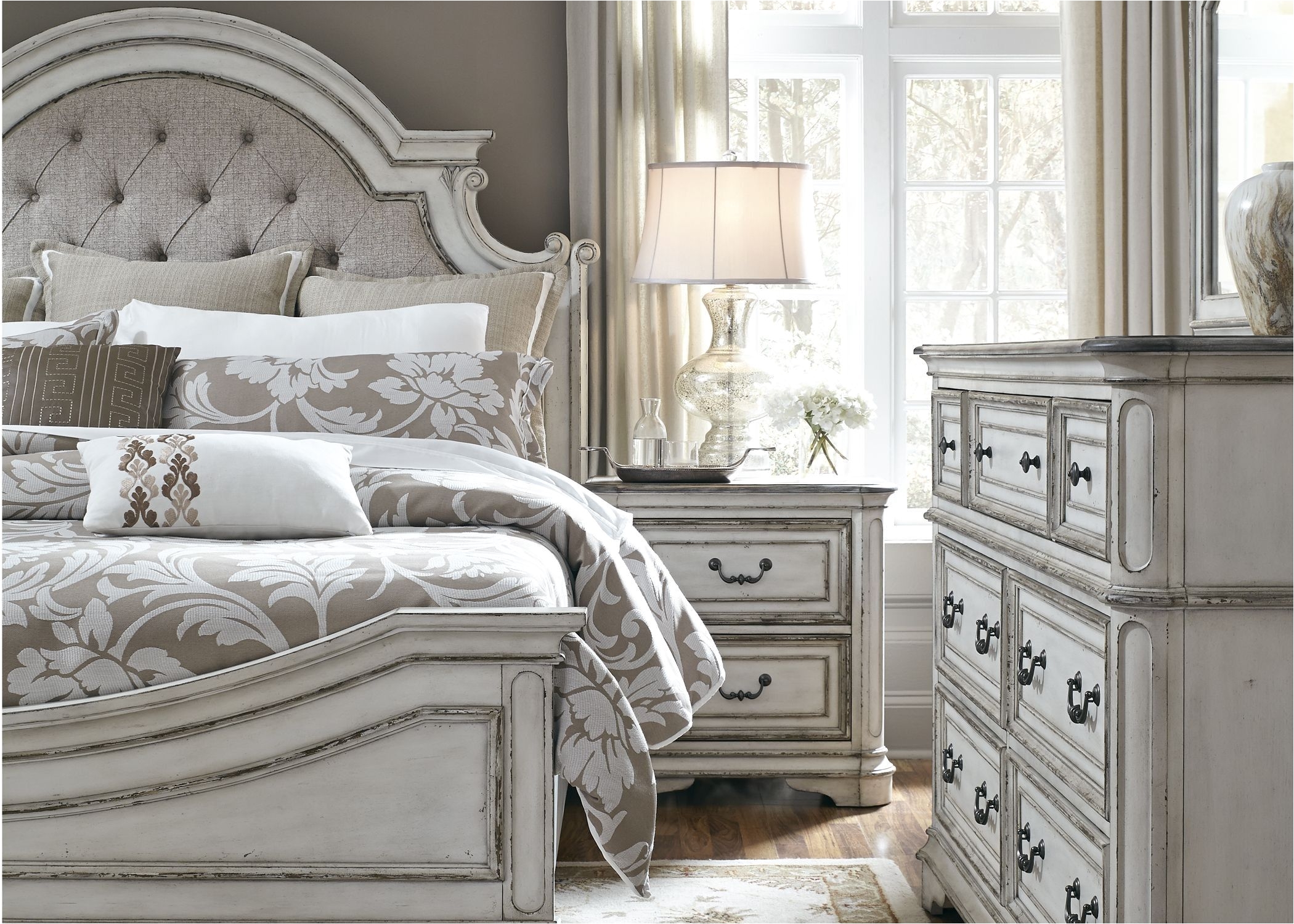 magnolia manor antique white upholstered panel bedroom set 244 br qub liberty