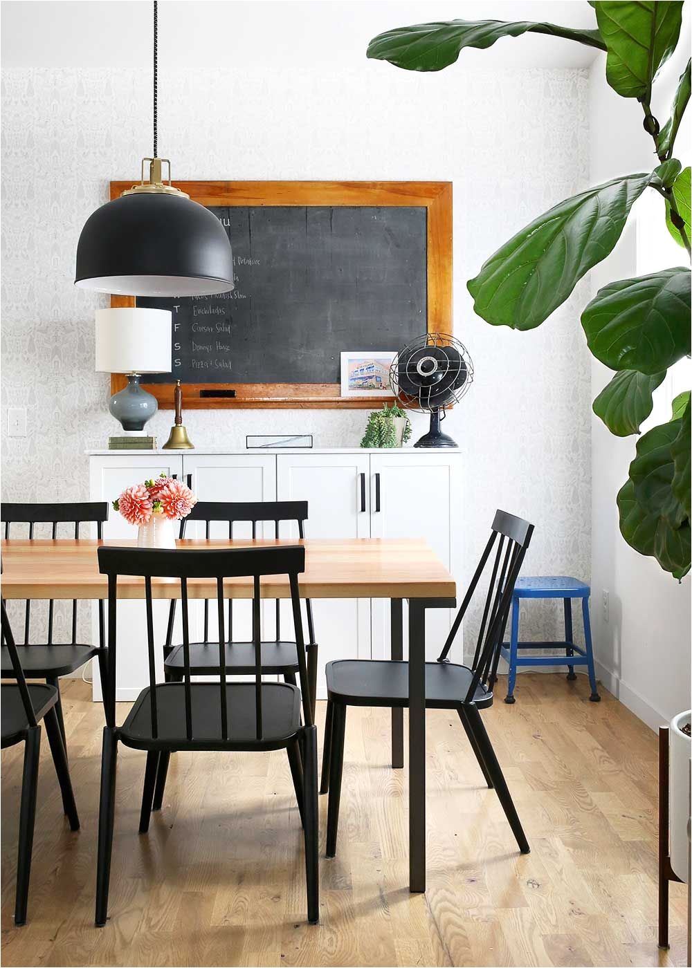 modern farmhouse dining room with hygge and west wallpaper from the fauxmartha