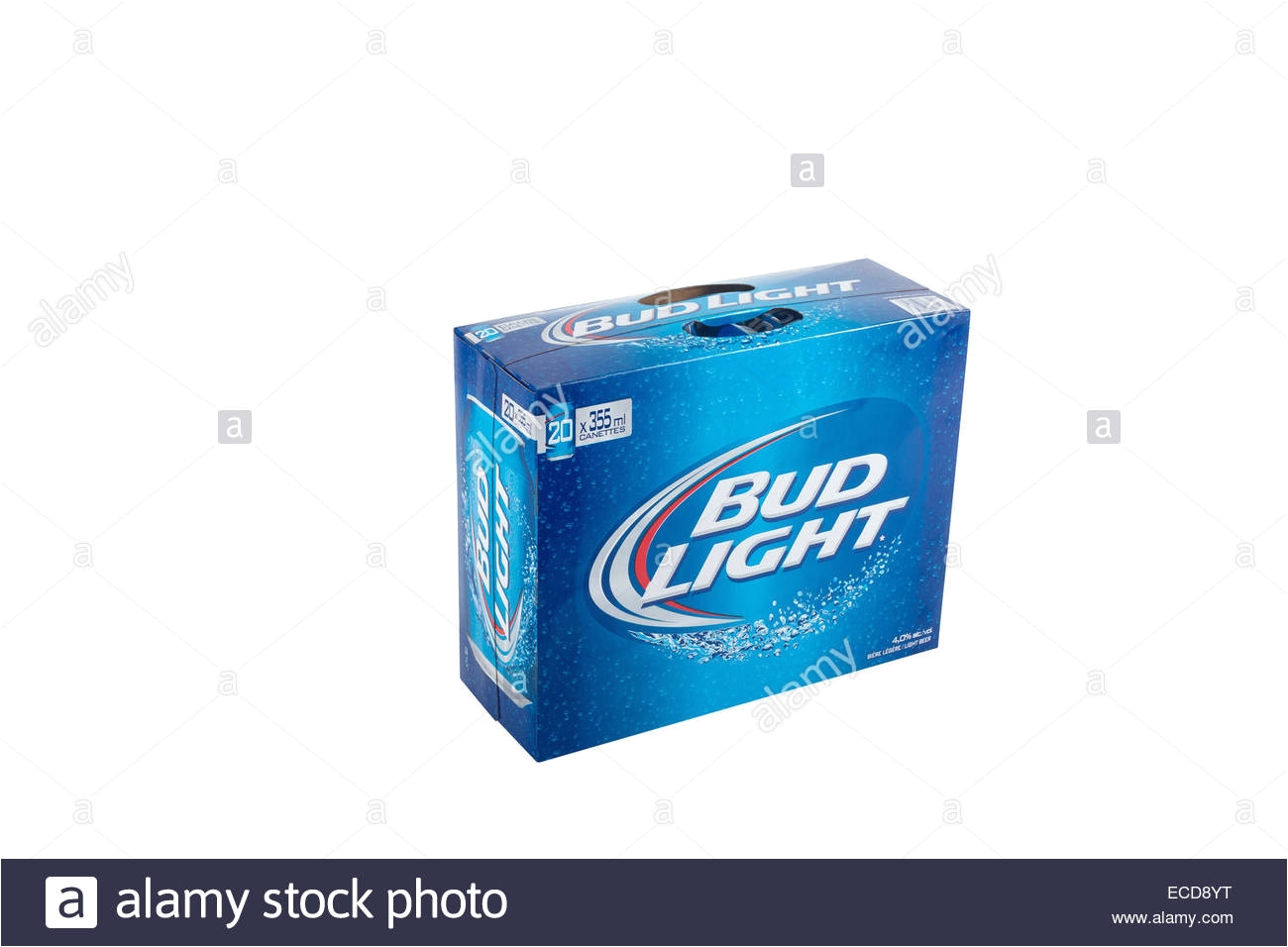 a pack of 20 355ml cans of bud light beer is pictured over a pure white