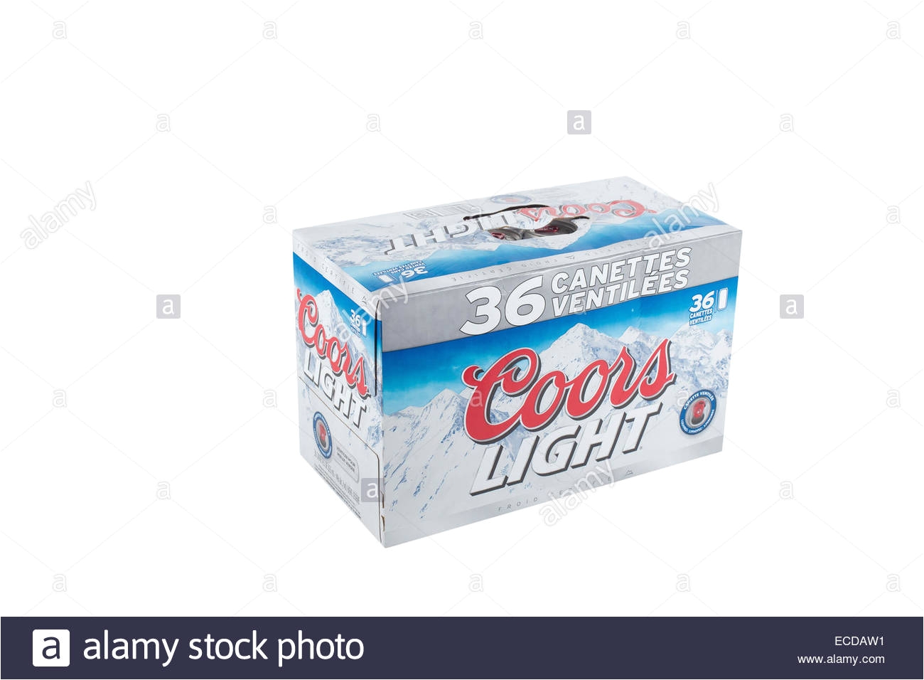 a pack of 36 355ml cans of coors light beer is pictured over a pure white