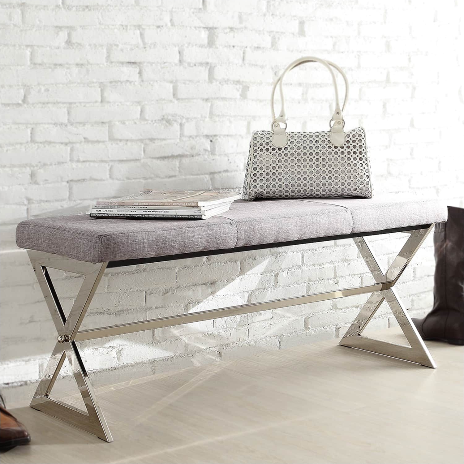 southport linen 40 inch chrome finish metal bench by inspire q bold