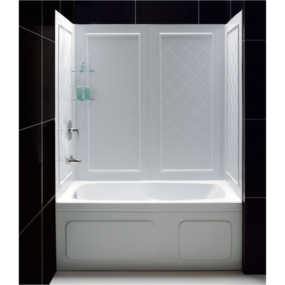 qwall tub 28 32 inch d x 56 to 60 inch w x 60 inch h 4 piece easy up adhesive tub surround in white