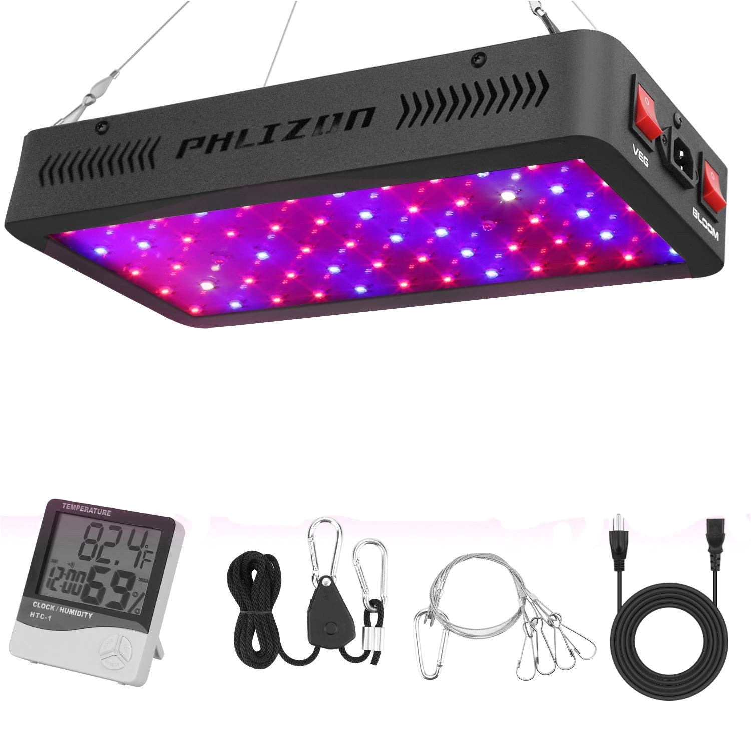 amazon com phlizon newest 600w led plant grow light with thermometer humidity monitor with adjustable rope full spectrum double switch plant light for
