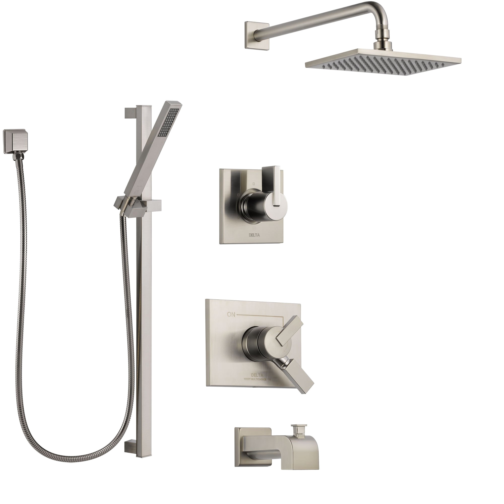 delta vero stainless steel finish tub and shower system with dual control handle diverter showerhead and hand shower with slidebar ss174531ss4