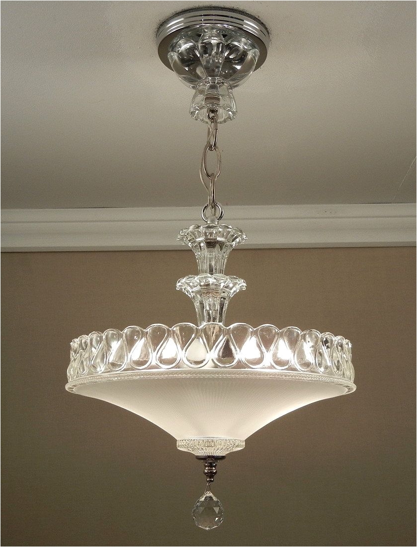 antique 1940s vintage american art deco white pressed glass chrome ceiling light fixture chandelier rewired