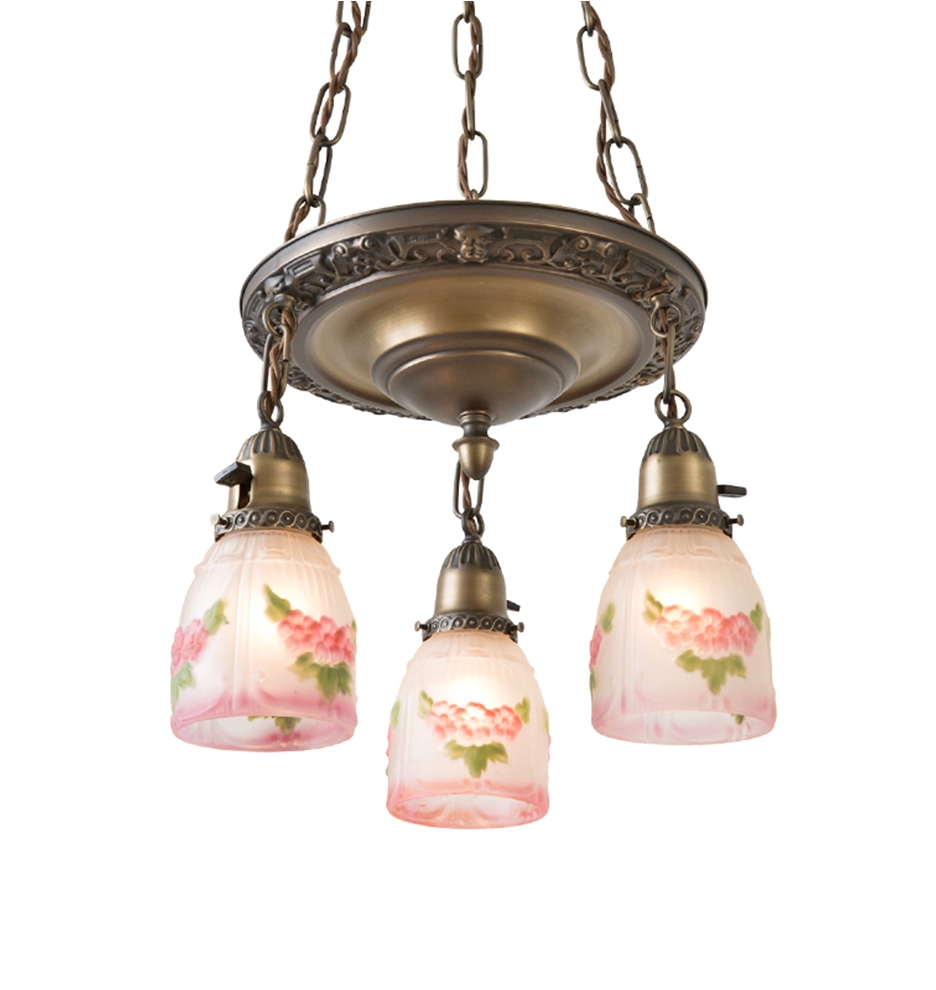 Antique 1920 Ceiling Light Fixtures Three Light Shower Chandelier W Pansy Motif Shades Rejuvenation